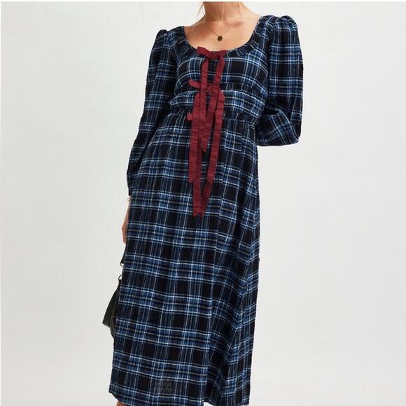 Damson Madder Dresses & Skirts - Damson Madder Dakota Blue Plaid Bow Tie Puff Sleeve Midi Dress Sz 6UK / 2 US
